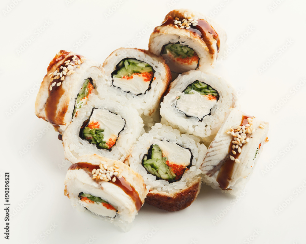 Set of fish rolls isolated on white, closeup Set of fish rolls isolated on white, closeup