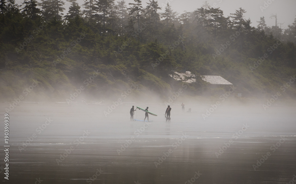 Foggy Beach with Surfers