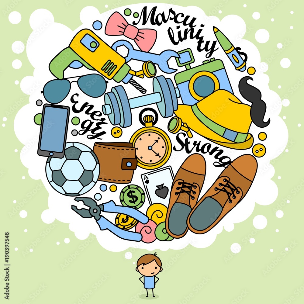 Fototapeta premium The image of a boy or a man and his thoughts in the form of a circle drawn by a contour. Color illustration for design or print. A set of different male objects. Beautiful illustration.