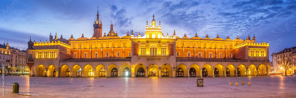 Panorama of Cloth Hall at Main Market Square in Cracow, Poland
