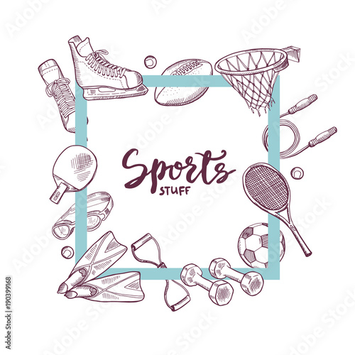 Vector frame hand drawn sports equipment