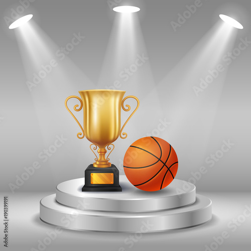 Realistic trophy and basket ball with Winner background. First place of competition. Podium with spotlights