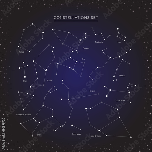 constellation in cosmos background, group of star in galaxy, astronomy set, vector illustration