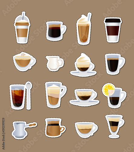 Vector coffee types stickers isolated