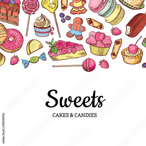 Vector hand drawn colored sweets shop or confectionary background