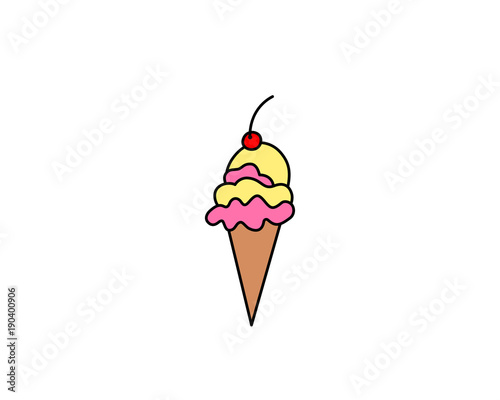 Drawing of an ice cream cone with a cherry on top, vector illustration.