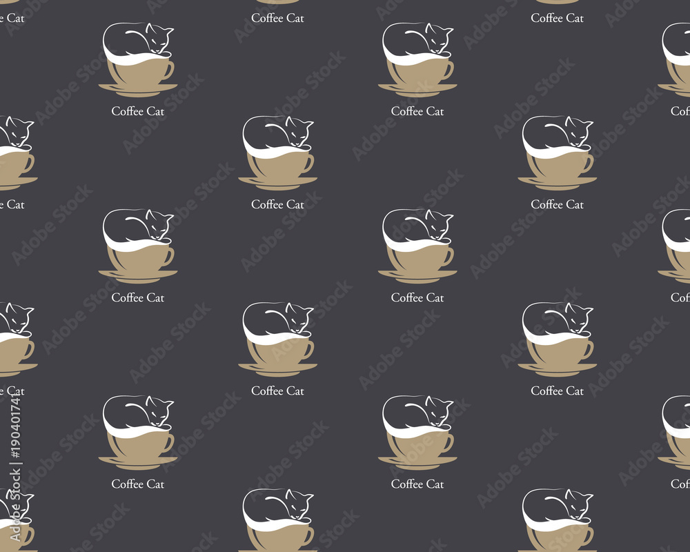 Seamless pattern with silhouette of white cat sleeping or lying and resting on brown coffee cup on black coffee style background. Coffee foam. EPS 10 Vector illustration Seamless pattern with silhouette of white cat sleeping or lying and resting on brown coffee cup on black coffee style background. Coffee foam. EPS 10 Vector illustration