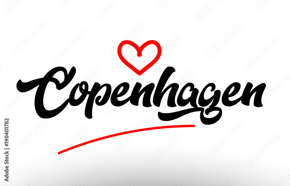 copenhagen word text of european city with red heart for tourism promotio