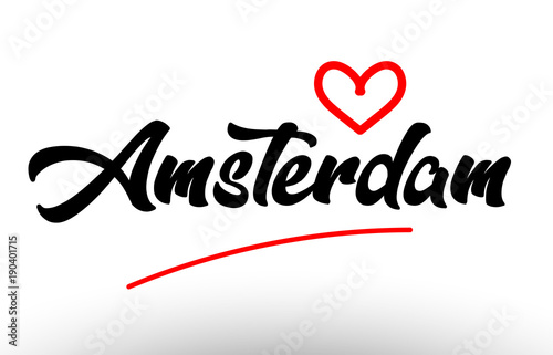 amsterdam word text of european city with red heart for tourism promotio