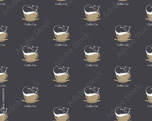 Seamless pattern with silhouette of white cat sleeping or lying and resting on brown coffee cup on black coffee style background. Coffee foam. EPS 10 Vector illustration