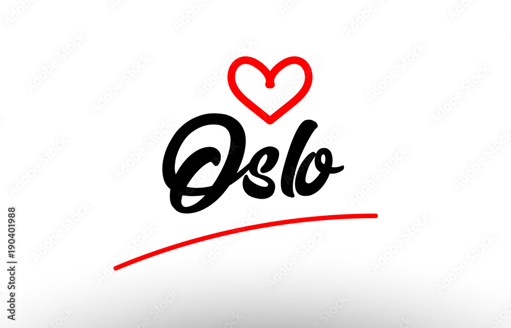 oslo word text of european city with red heart for tourism promotio