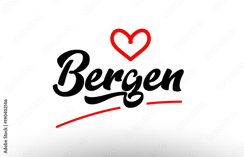 bergen word text of european city with red heart for tourism promotio