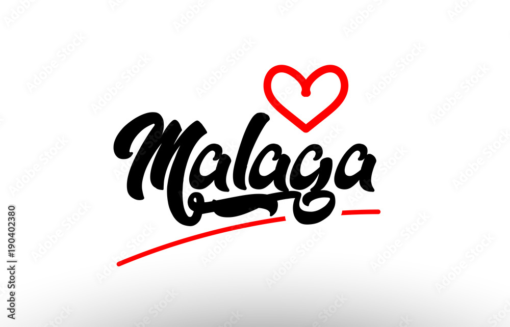 malaga word text of european city with red heart for tourism promotio