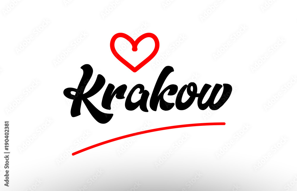 krakow word text of european city with red heart for tourism promotio