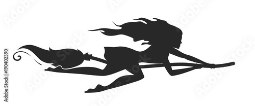 Vector silhouette of a rapid witch flying on a broomstick