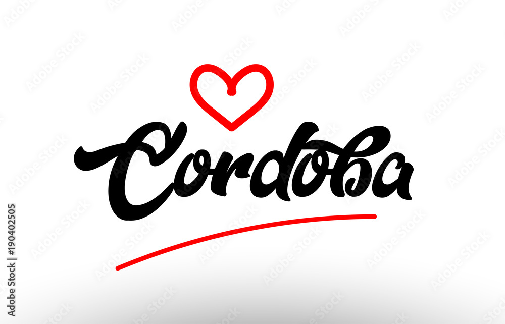 cordoba word text of european city with red heart for tourism promotio