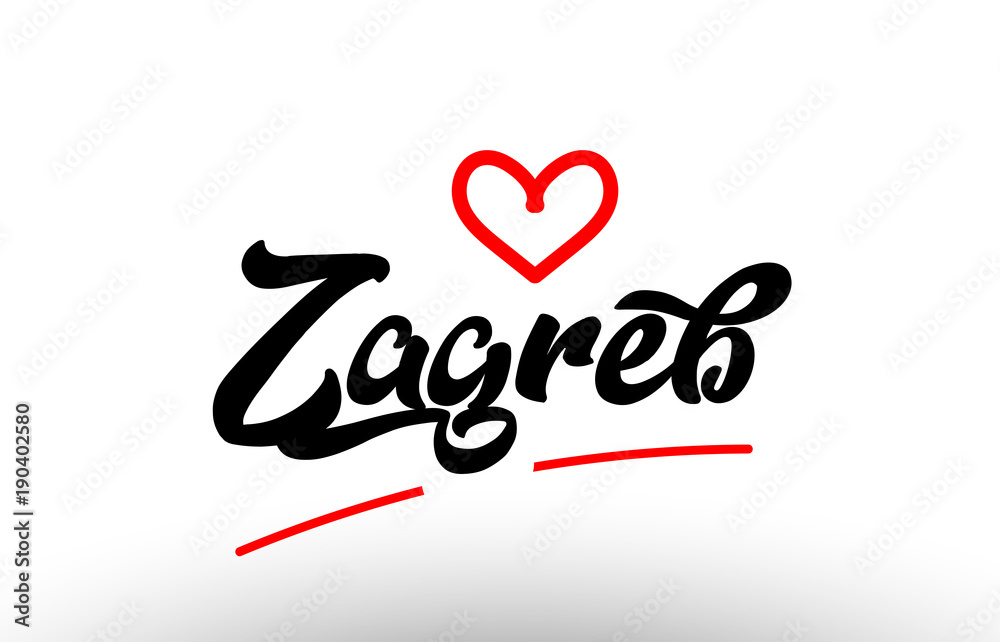 zagreb word text of european city with red heart for tourism promotio