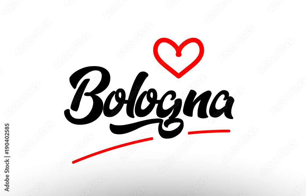 bologna word text of european city with red heart for tourism promotio