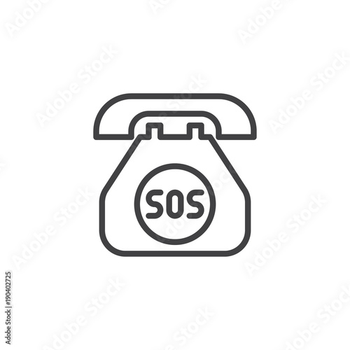 SOS call line icon, outline vector sign, linear style pictogram isolated on white. Old phone with sos sign symbol, logo illustration. Editable stroke
