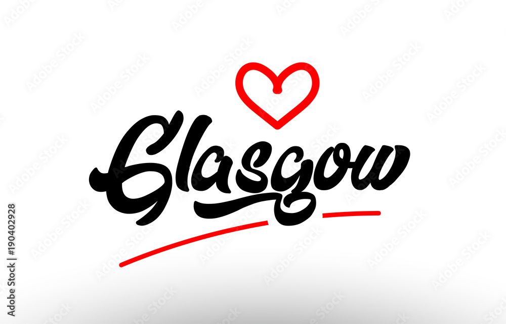 glasgow word text of european city with red heart for tourism promotio