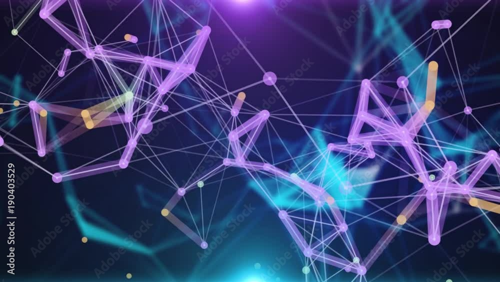 Plexus of abstract blue and violet geometrical lines with moving triangles and dots оn a black background. Loop animations.