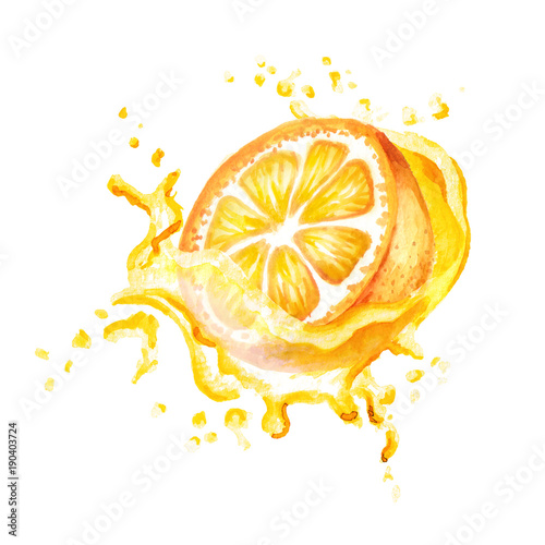 Fresh orange in splash of juice isolated on white background. Watercolor hand drawn illustration