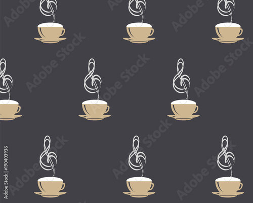 Seamless pattern with Cappuccino cup and steaming music treble clef on black coffee style background. Vector EPS 10 illustration