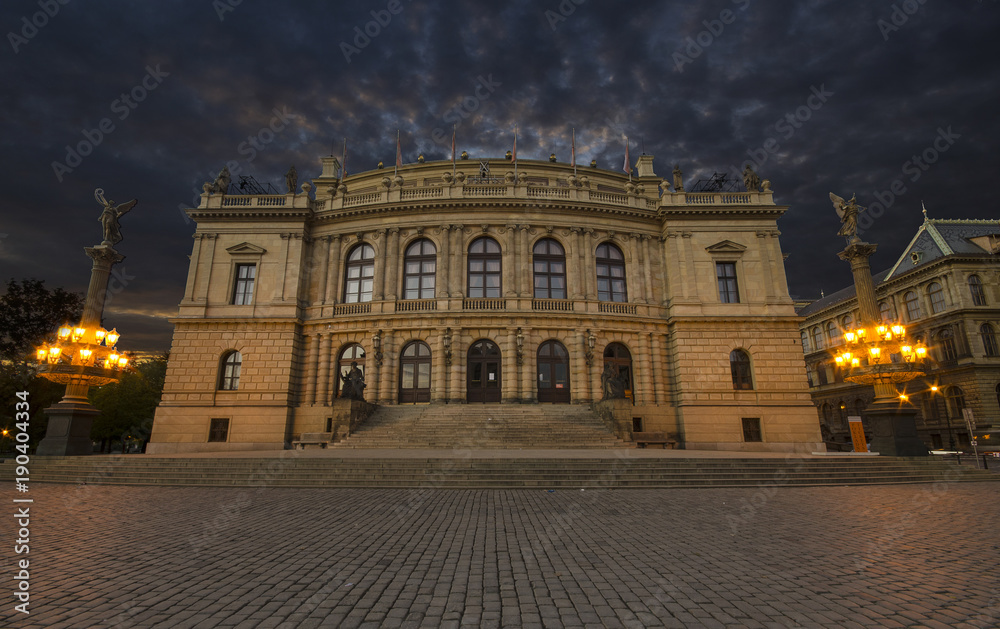 House of the Czech Philharmonic - Rudolfinum in Prague, Czech Republic at night with a beautiful lights