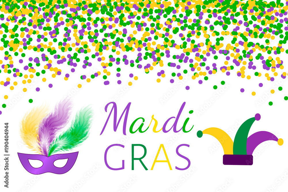 Fototapeta premium Mardi Gras carnival vector background with green, purple and yellow confetti. Easy to edit design template for your projects.