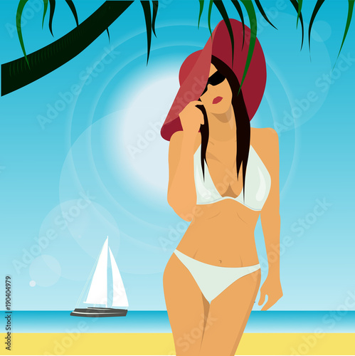 Woman sunbathing on the beach. Beautiful girl with red hat. Portrait of young pretty woman in white bikini.
