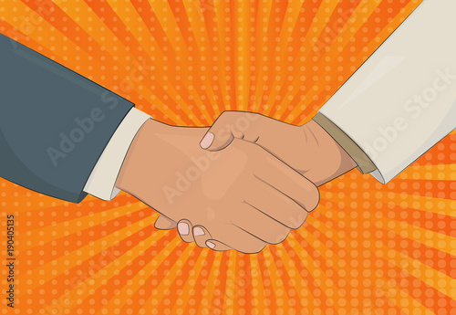 Handshake retro style vector illustration. Business man shaking hands. Strong and firm handshake clap. Pop art style illustration.
