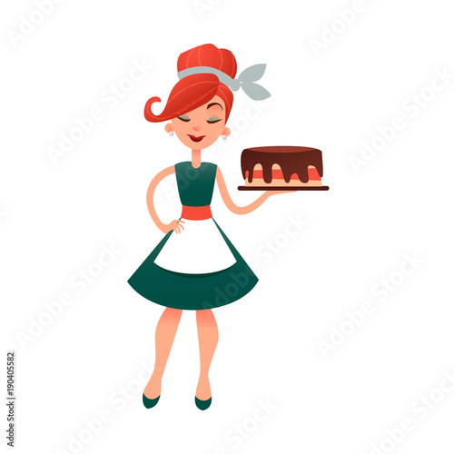 Funny cartoon housewife with cake. Happy vector homemaker with bakery product. Beautiful woman in old retro style. Young lady baking pie