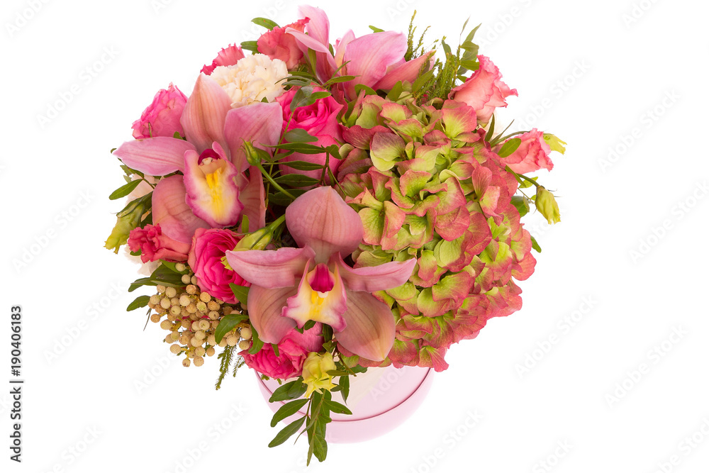 Obraz premium Bright buketny composition from fresh flowers, the white isolated background