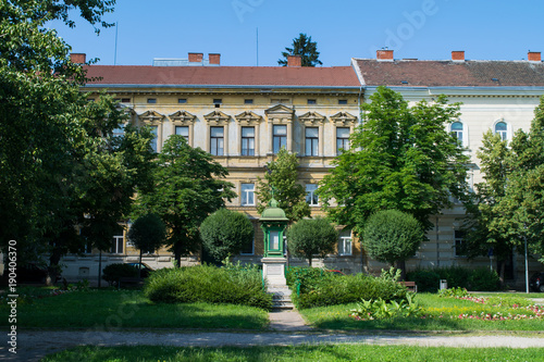 Elegant houses line Deák Square in the city centre of Sopron, Hungary