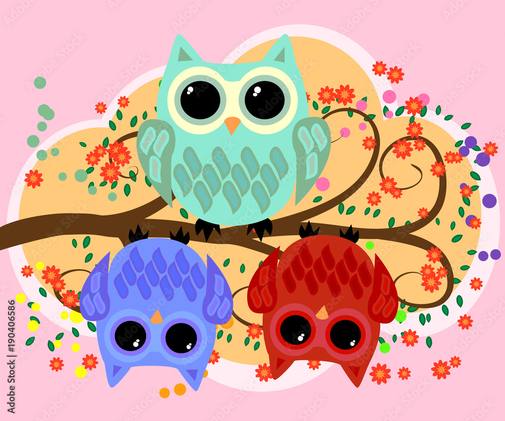 Obraz premium Happy family of owls on flowering tree branches. Daddies, mothers and children, grandparents. Spring, summer, honeymoon season