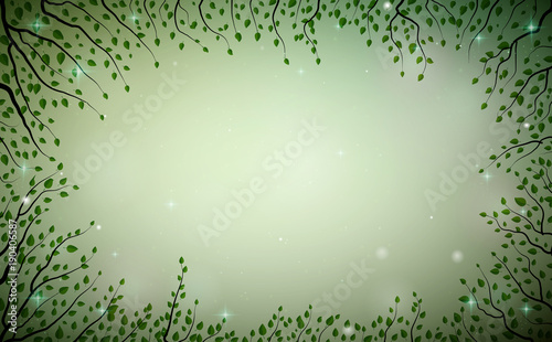 green fairy plant frame, fireflies in the summer dream background, fairy green tree branches,