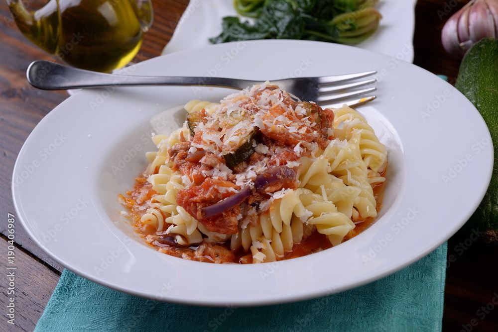 Fusilli pasta dish in the sauce with carrots and zucchini
Fusilli pasta dish in the sauce with carrots and zucchini