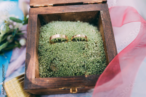 Gold rings of a newly-married couple in a gift box.