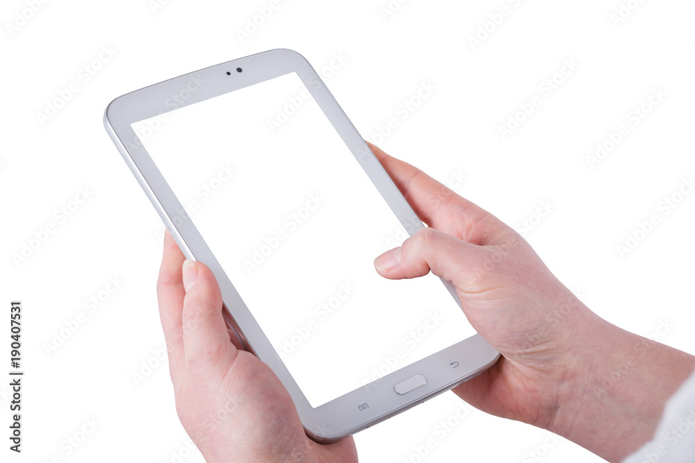 Tablet in women hands on a white background Tablet in women hands on a white background