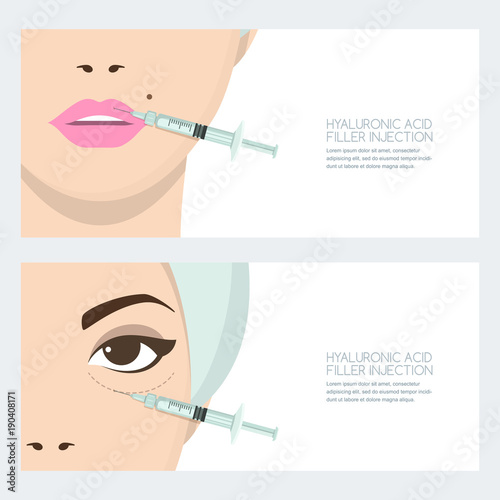 Hyaluronic acid facial injection, vector banner design template. Lips, eyes periorbital filler injection. Beauty, cosmetology, anti-aging concept. Female rejuvenating mesotherapy.