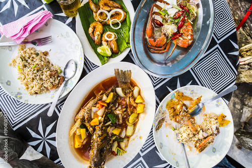 Top view of seafood on a table