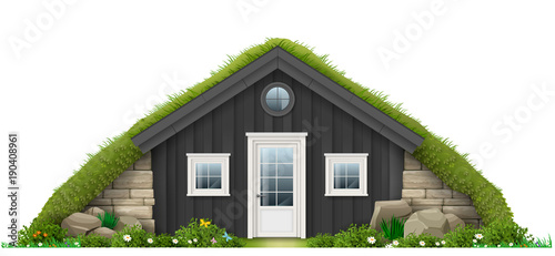 Traditional Icelandic turf house. Eco architecture. Concept in vector graphics. Fabulous hut