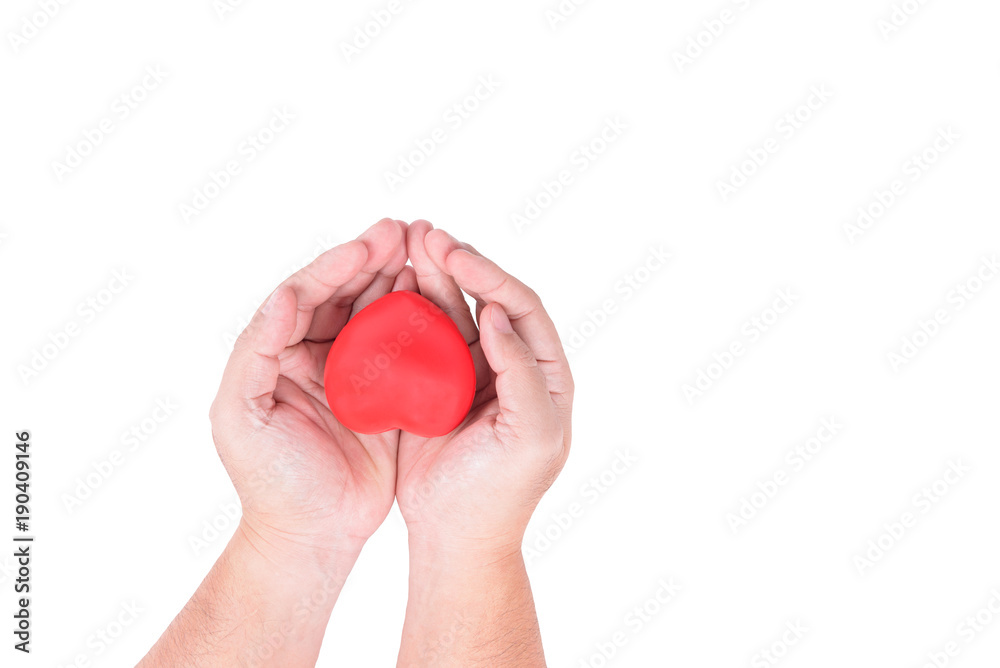 Concept of love for valentine day or Healthy : Man's hand holding a red heart for give to someone on white background or isolated Concept of love for valentine day or Healthy : Man's hand holding a red heart for give to someone on white background or isolated