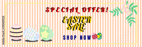 Vector illustration of Easter sale banner with Easter eggs for online shopping, advertising and website. Pastel tone.