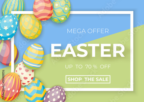 Happy easter template with white frame and eggs. Vector card with eggs and grass