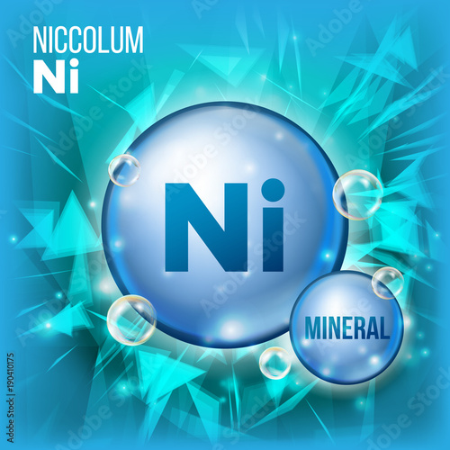 Ni Niccolum Vector. Mineral Blue Pill Icon. Vitamin Capsule Pill Icon. Substance For Beauty, Cosmetic, Heath Promo Ads Design. 3D Mineral Complex With Chemical Formula. Illustration photo