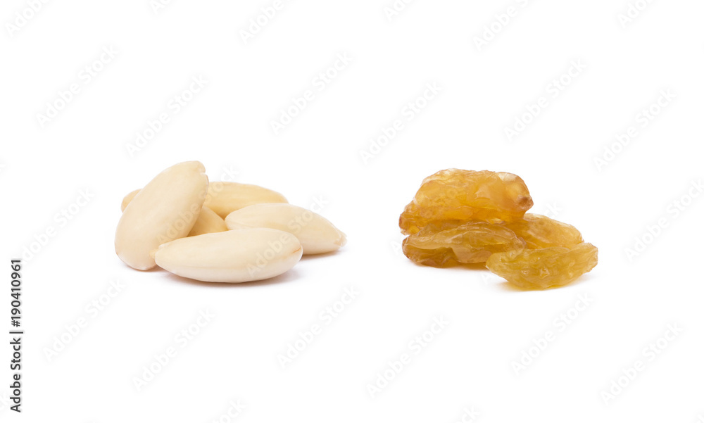 Mixed fresh nuts and raisins isolated on white background Mixed fresh nuts and raisins isolated on white background