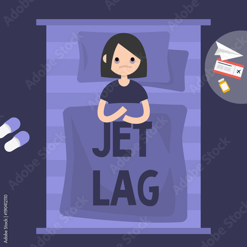 Insomnia. Jet Lag. Young exhausted female character lying in the bed. Flat editable vector illustration, clip art