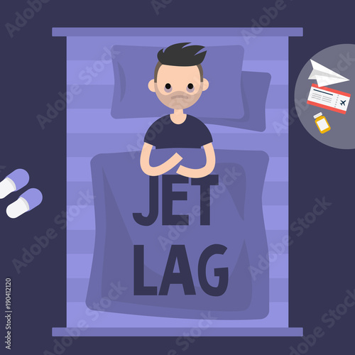 Insomnia. Jet Lag. Young exhausted character lying in the bed. Flat editable vector illustration, clip art