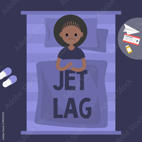 Insomnia. Jet Lag. Young exhausted african american character lying in the bed. Flat editable vector illustration, clip art